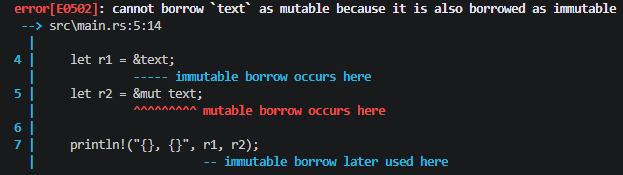 immutable borrow와 mutable borrow 오류 결과